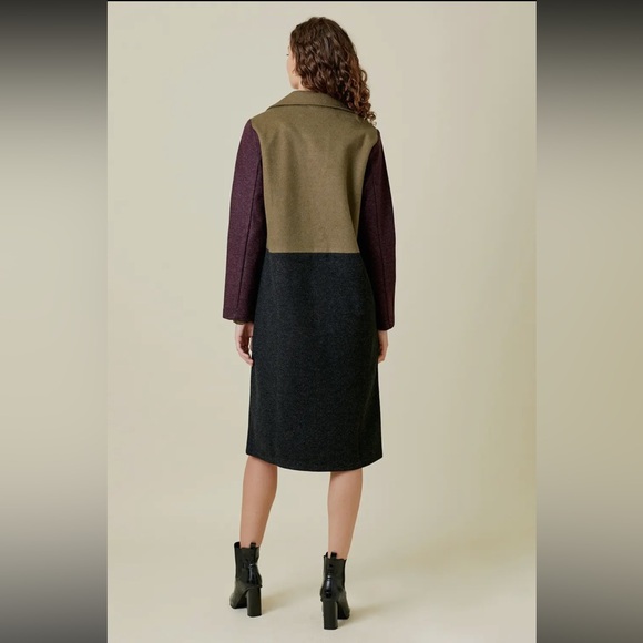 437. NEW Mystree Color Block Long Trench Coat Charcoal Olive Burgundy - Picture 5 of 7